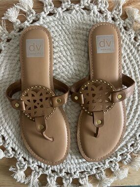 Dolce Vita Light Tan Gionna Leather Sandals with Emblem Embellished Straps